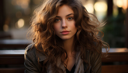 Fototapeta premium Young woman with long brown hair looking at camera outdoors generated by AI