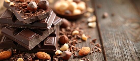 Close-up of a wooden table with a set of chocolate and nuts.