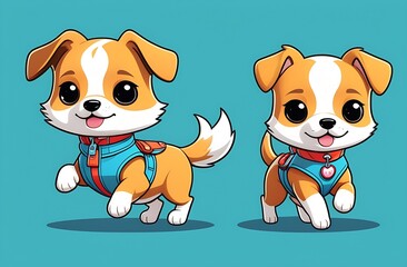 Fototapeta premium Two cute kawaii-style dogs,illustration cartoon character dog cute funny happy face ,dog running