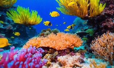 Colorful tropical fish in coastal waters. Life in a coral reef. Animals of the underwater sea world.