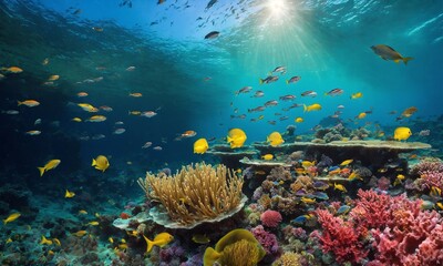 Colorful tropical fish in coastal waters. Life in a coral reef. Animals of the underwater sea world.