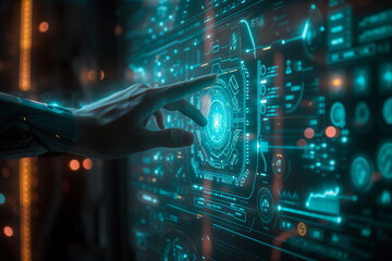 Fototapeta premium Futuristic Interface Navigation with Human Interaction. A person interacts with a futuristic touch interface filled with holographic icons and diagrams, suggesting advanced technology.