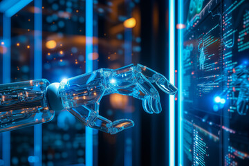 Futuristic Robotic hand and Advanced Technology.
A robotic arm with intricate circuitry interacts with data servers, symbolizing cutting-edge automation and artificial intelligence.