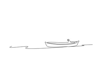 villager fisherman boat sea lake one line art design vector