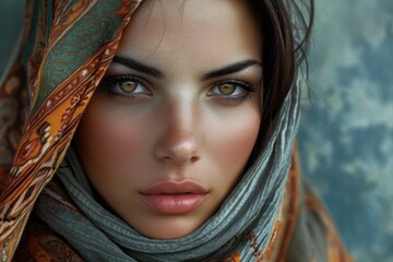 Iranian woman in national clothes portrait close up from history of Iran realistic detailed photography texture. Iranian woman. Horizontal format