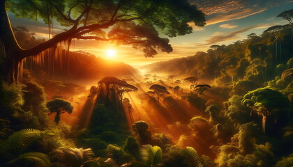 Forest atmosphere at sunset or sunrise