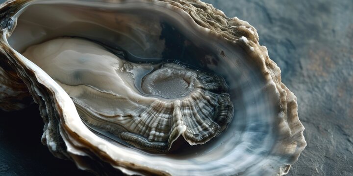 A detailed view of an oyster shell placed on a table. This image can be used to depict seafood, culinary arts, or marine life.