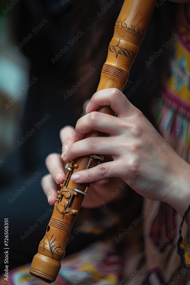 Poster a detailed view of someone playing the flute. can be used for music-related projects