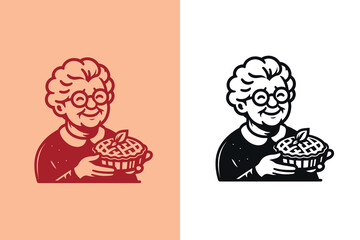 Sweet grandma with pie. logo, icon, emblem. Outline vector illustration