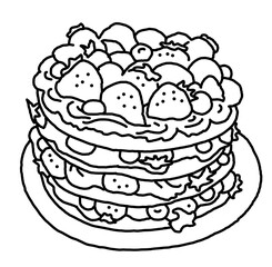 Sweet dessert cake with fruits for celebration birthday party or wedding, tasty breakfast. For cafe, restaurant menu print, postcard or poster. Hand drawn illustration. Cartoon style line art drawing.