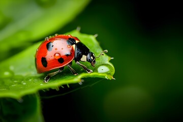 Ladybug Strolling on a Dewy Green Leaf