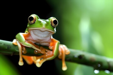 Naklejka premium Tree Frog Clinging to a Branch in the Forest