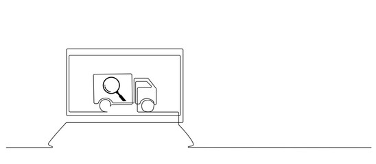 laptop computer online order cargo tracking vehicle screen background one line art design vector