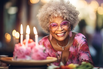 Happy smiling African grandma in pink glasses with little birthday cake with candles - obrazy, fototapety, plakaty