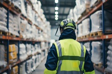 worker wearing safety gear in refrigerated warehouse aisle