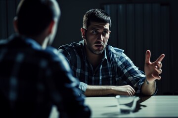 suspect gesturing during a heated interrogation - obrazy, fototapety, plakaty