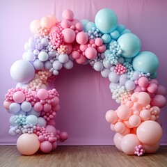 Decoration of an arch with balloons for a party in pastel colors on a pink background