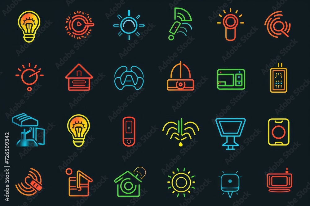 Poster A set of neon colored icons on a black background. Suitable for various design projects