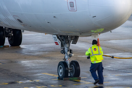 Aeroport Charles de Gaulle, France October 24, 2023: Fueling Operations in Progress at Busy Airport.