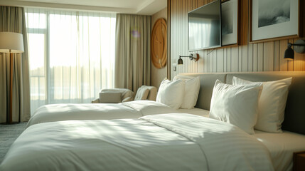 Modern Hotel Bedroom with Warm Lighting.
Contemporary hotel bedroom bathed in warm, natural light.