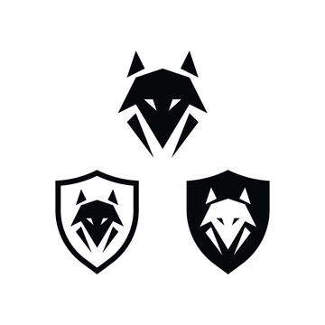 Geometric wolf head logo with shield