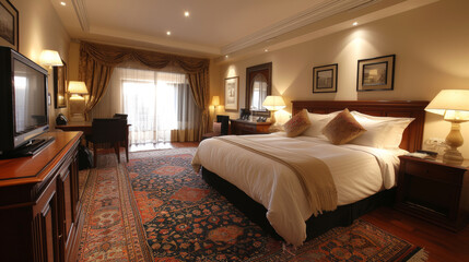 Luxurious Bedroom in an Upscale Hotel.
A luxurious bedroom setup with a classic touch in an upscale hotel.