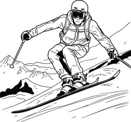 Skiing - Skier. Black and White Vector Illustration