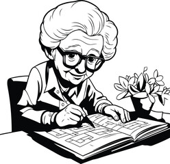 Elderly woman reading a book - black and white vector illustration