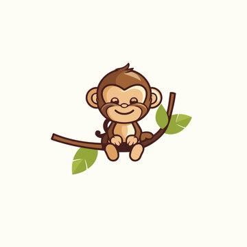 Cute monkey sitting on a branch. Vector illustration in flat style