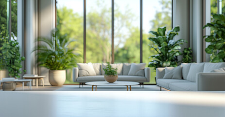 white table on living room blurred background, Living room with sofa and natural light - obrazy, fototapety, plakaty