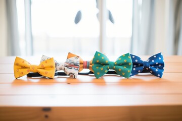 a selection of silk bow ties on a wooden table