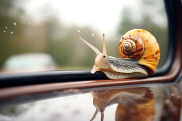 snail on windshield, wipers in frame - obrazy, fototapety, plakaty