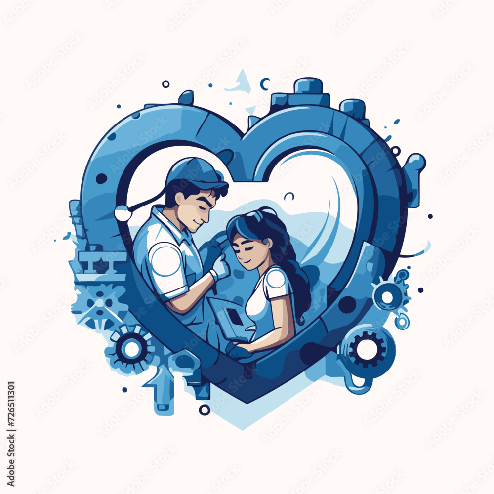 Sticker vector illustration of a doctor and a nurse in a heart shape.