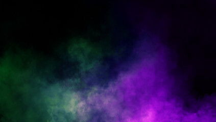 Abstract green and purple misty fog on isolated black background. Smoke stage studio. Texture overlays. The concept of aromatherapy.