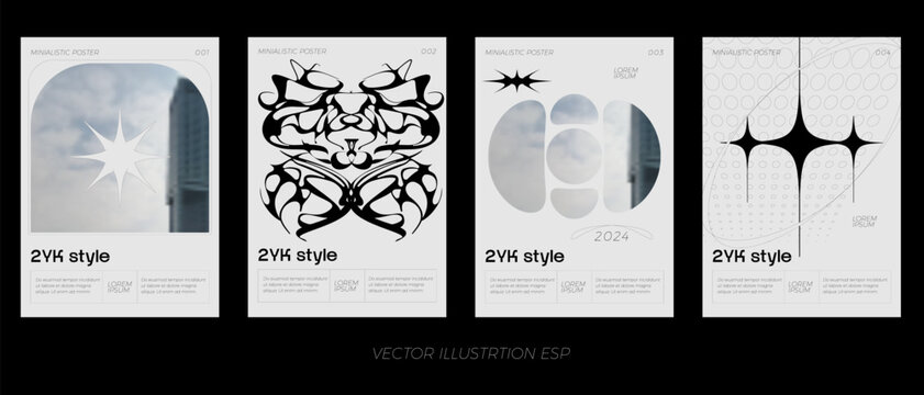Acid digital graphic design in monochrome style, minimalist posters. Gothic elements for design. 2YK style.