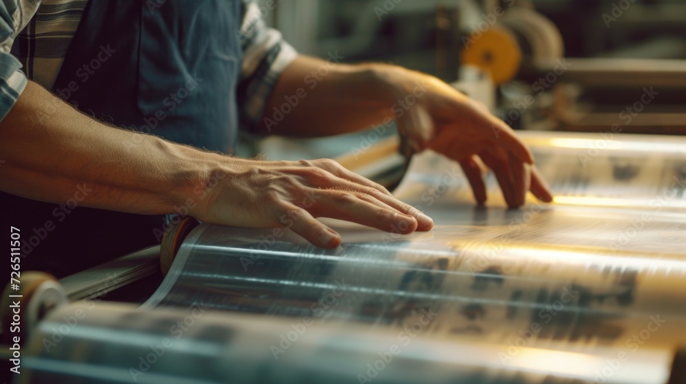 Poster a man operating a printing machine. ideal for illustrating the printing industry.