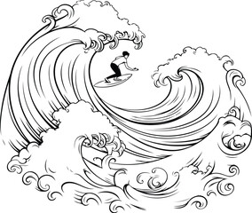 Illustration of a wave with a pirate ship on a white background