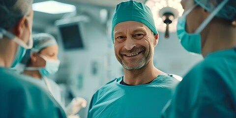 Confident male surgeon smiling in operating room. medical professional at work. healthcare and surgery concept. portrait in scrubs. AI
