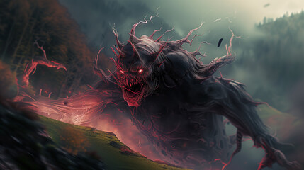 Sickly Grotesque Demon Entity Lurking Hills Countryside - obrazy, fototapety, plakaty