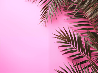 Fototapeta na wymiar Tropical palm green leaves on pink background.copy space, Minimal nature summer concept. Flat lay. Pink background