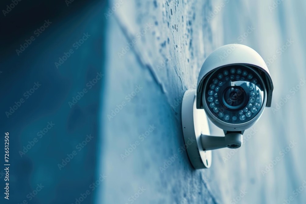 Poster A security camera mounted on the side of a building. Can be used to monitor activity and ensure safety
