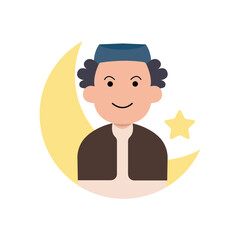happy eid mubarak with kid character illustration simple concept cute cartoon muslim