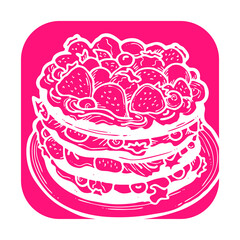 Sweet dessert cake with fruits for celebration birthday party or wedding, tasty breakfast. For cafe, restaurant menu print, postcard or poster. Hand drawn illustration. Cartoon style line art drawing.