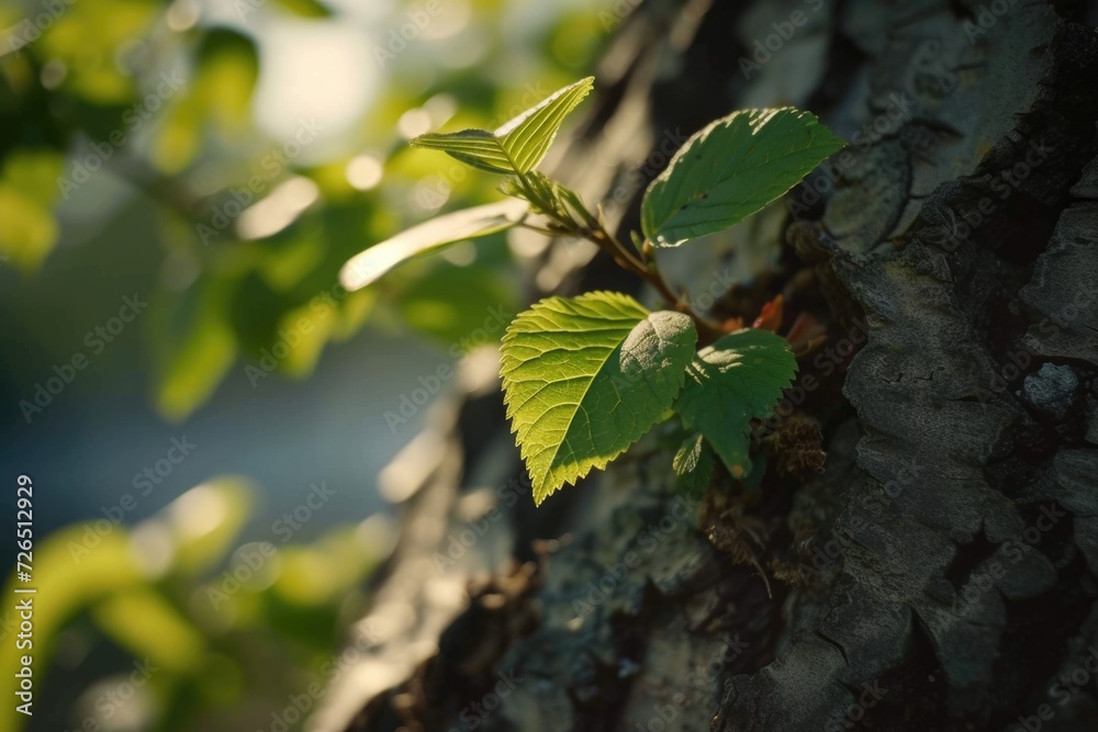 Poster a detailed close-up of a single leaf on a tree. this image can be used to showcase the beauty of nat