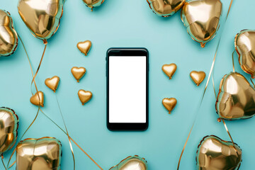 Top view of a mobile phone, blank screen mockup surrounded by valentine gold heart shaped helium balloons on light blue background, Marketing Valentine's Day or anniversaries