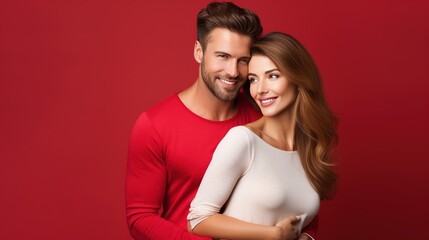 Loving couple smiling against a bold backdrop, perfect for adding text or logos