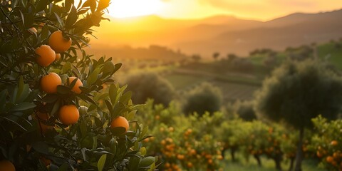 Golden sunrise over lush orange grove with rolling hills backdrop. serene rural landscape, perfect for nature themes. ideal for wallpapers and postcards. AI - obrazy, fototapety, plakaty