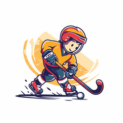 Hockey player with the stick and puck. vector cartoon illustration.