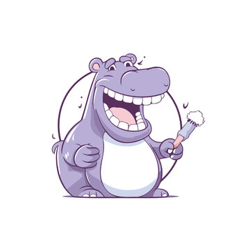 Cute cartoon hippopotamus holding a toothbrush. Vector illustration.