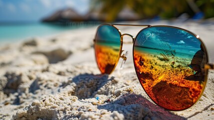 Pair of stylish sunglasses with mirrored lenses, reflecting tropical beach scene.